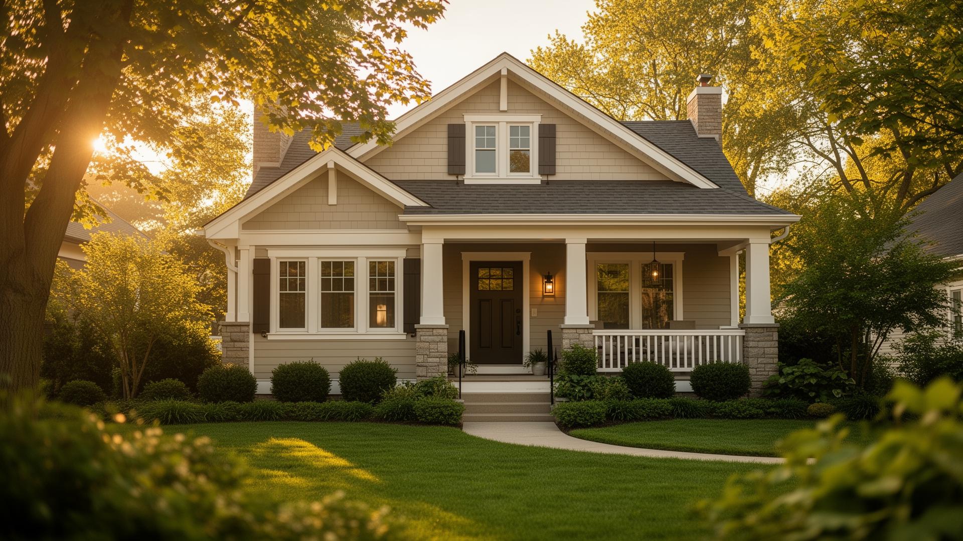 Freshly painted Wisconsin craftsman home exterior at golden hour