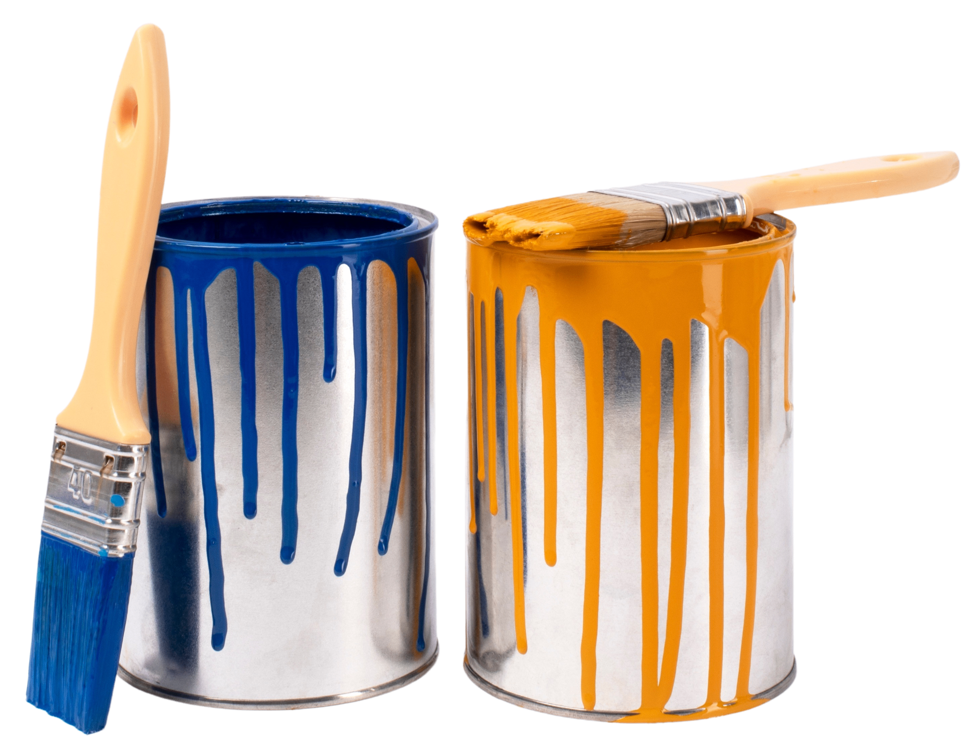 Two open paint cans with dripping blue and orange paint and brushes